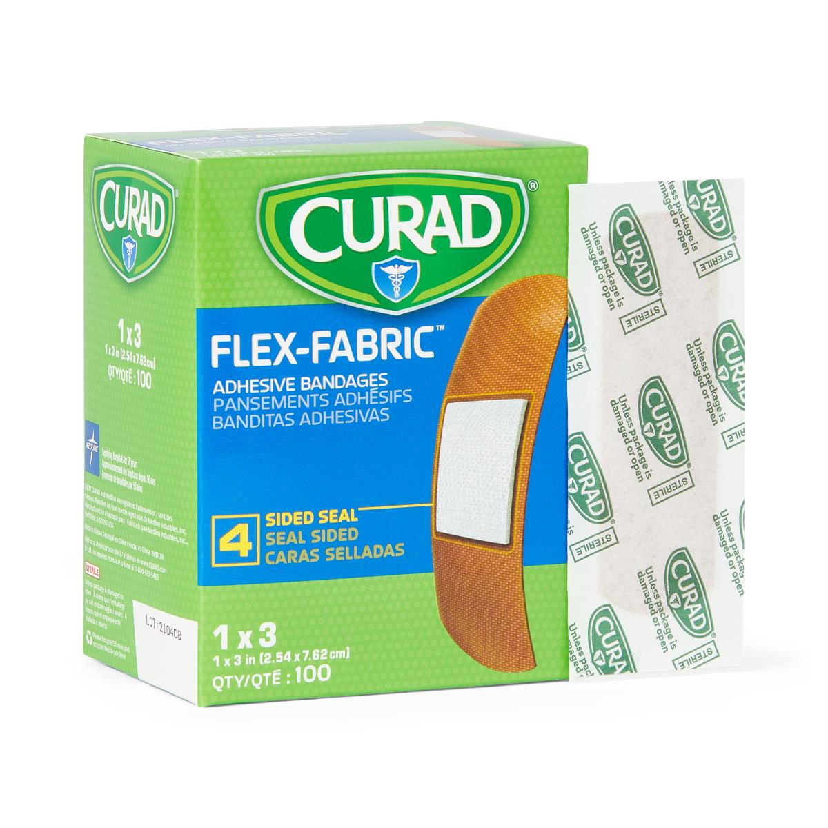 Curad Flex-Fabric adhesive bandages green box of 100 with a single wrapped bandage displayed beside it