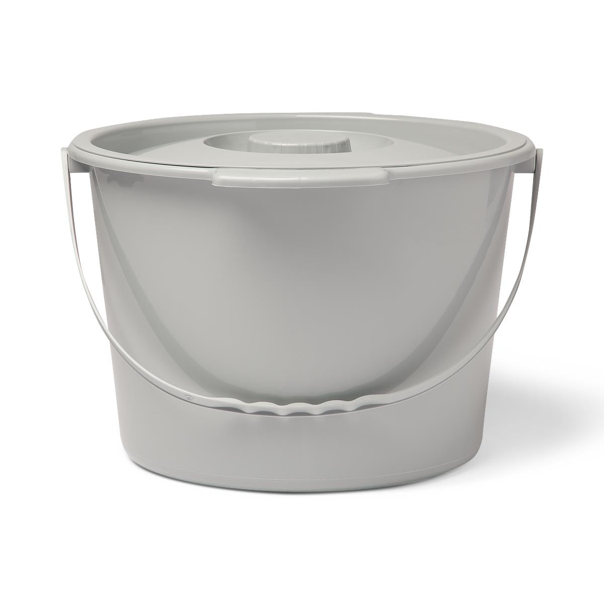 Commode bucket in light gray plastic with carry handle and fitted lid, shown on white background