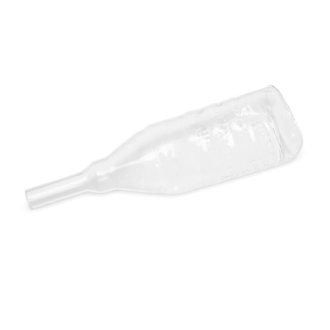 Male external catheter, clear silicone sheath with narrow drainage tip, shown unrolled on white background