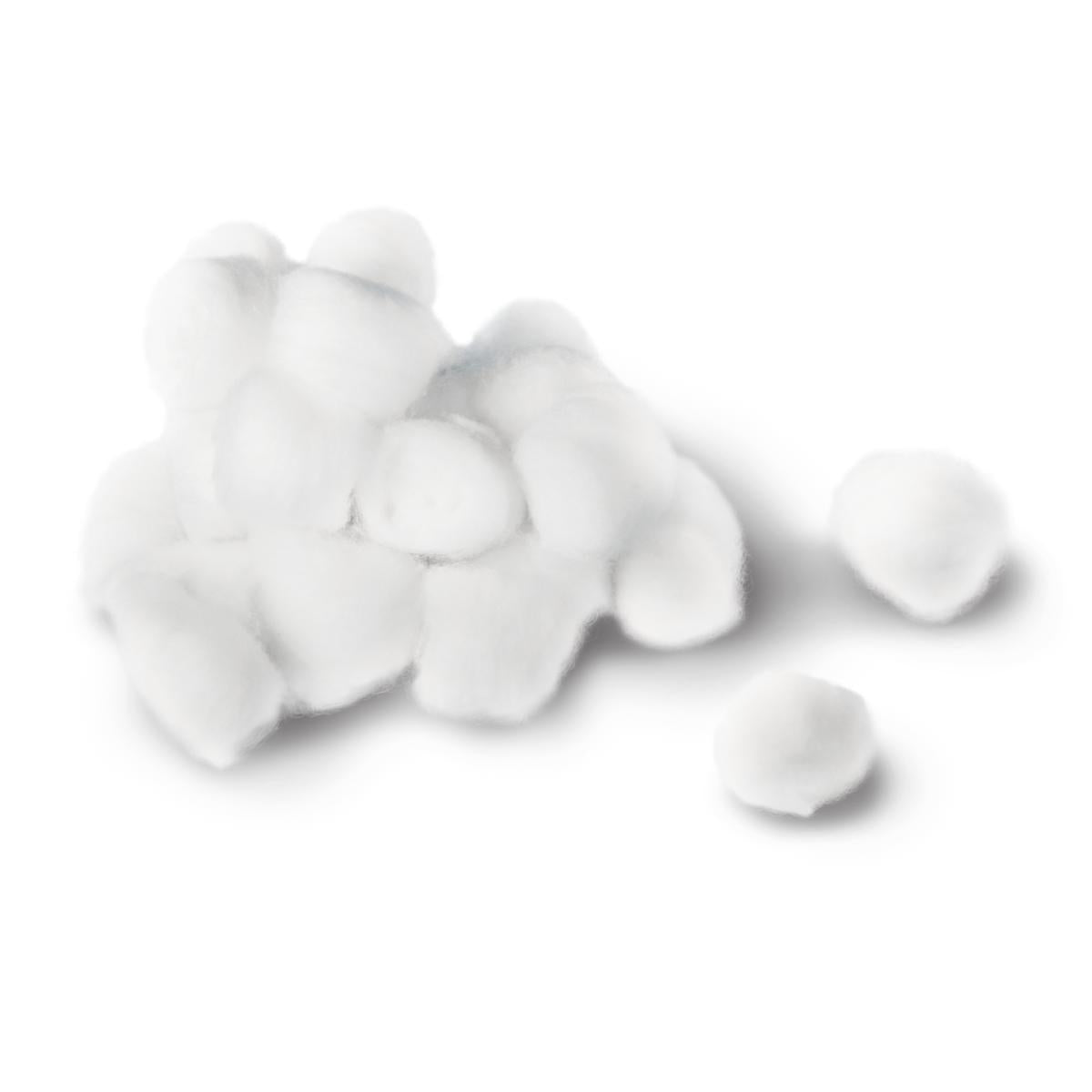 Cotton balls, white, loosely grouped in a pile with a few scattered separately on a white background