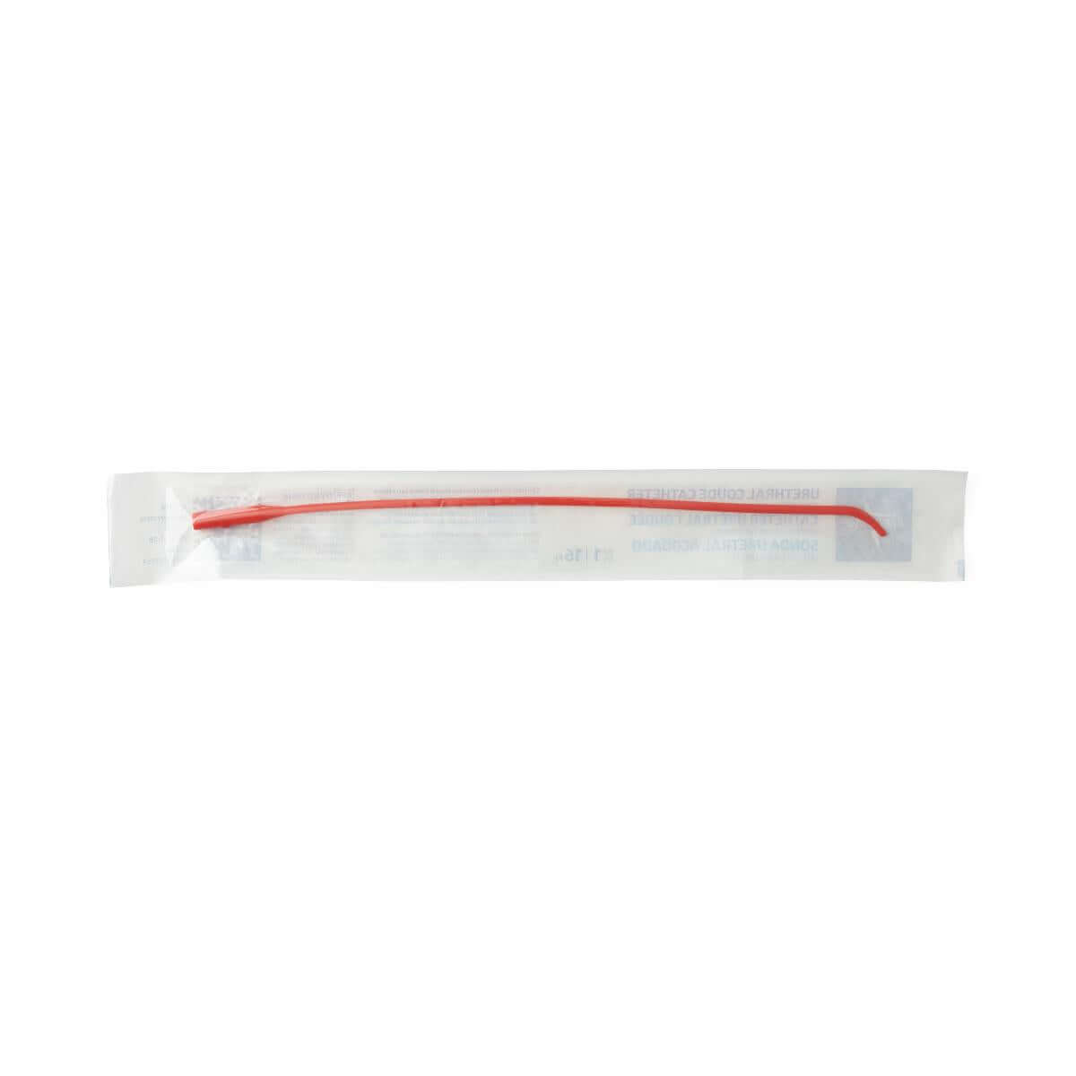 Urethral coude catheter in red rubber, individually packaged in clear sterile wrapper with curved tip visible
