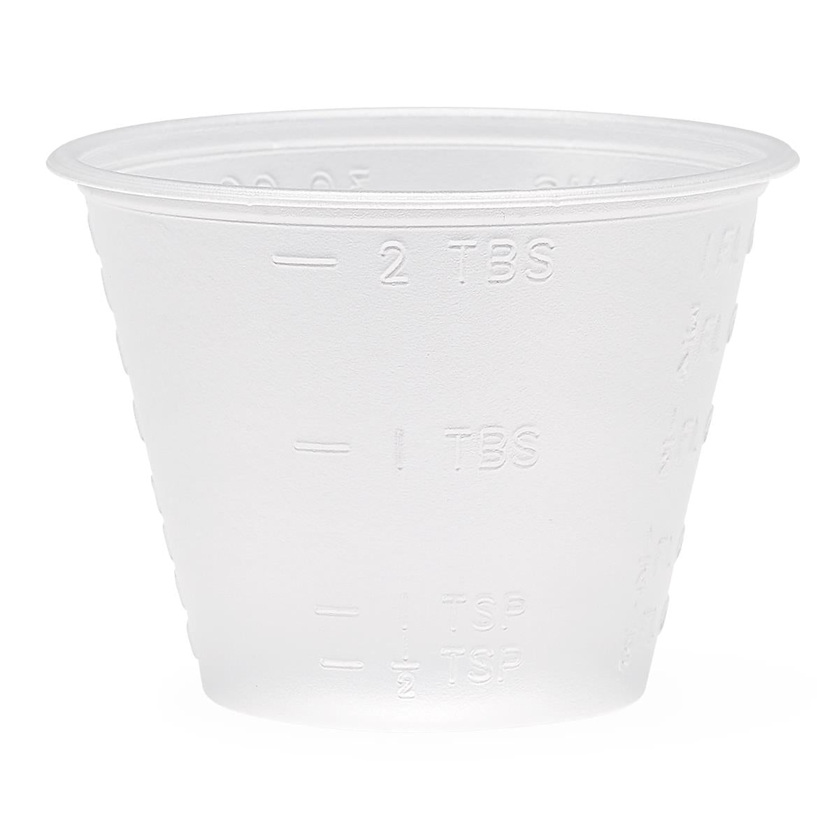 Medicine cup, translucent plastic with embossed measurement markings in teaspoons and tablespoons