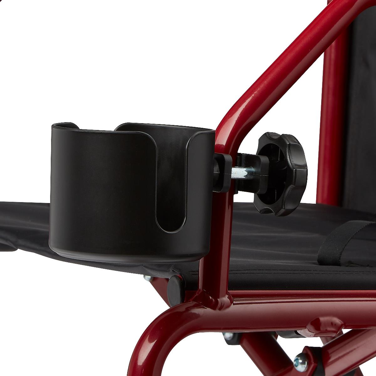 Cup holder with clamp mount attached to red wheelchair frame, shown in close-up detail