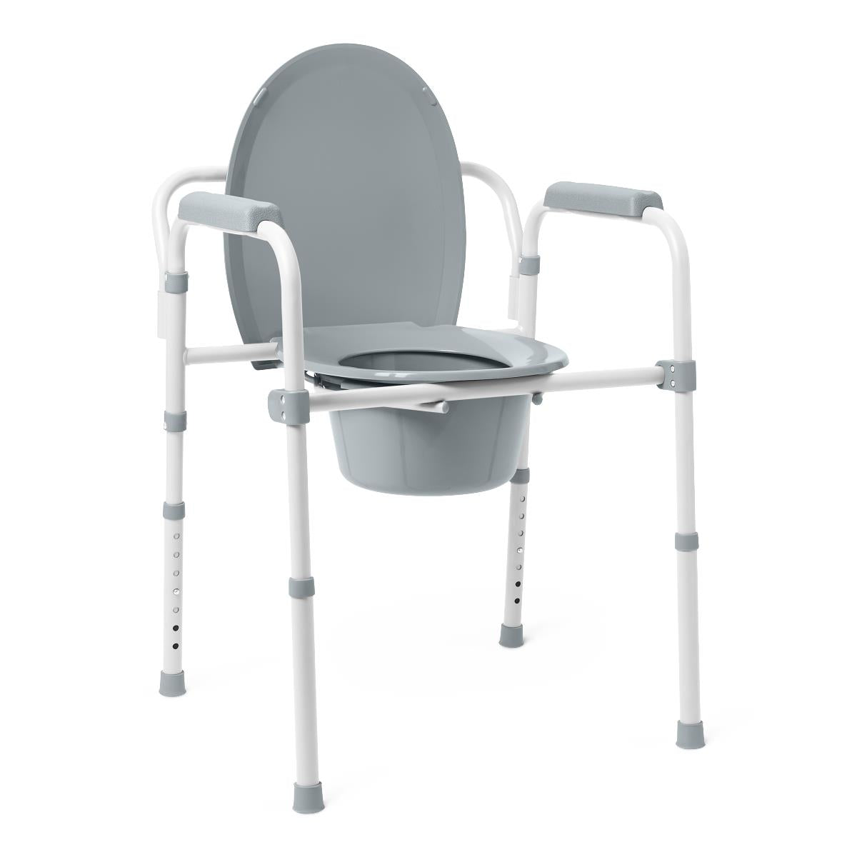 Deluxe steel 3-in-1 commode with gray plastic seat, oval backrest, padded armrests, removable bucket, and adjustable white