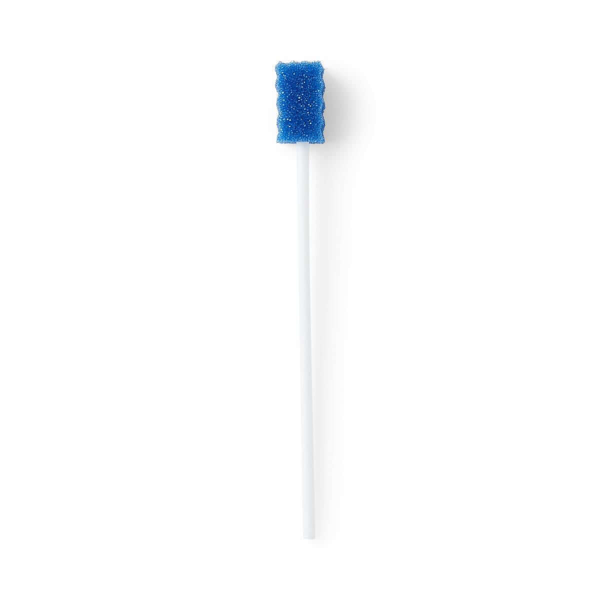 Oral swab with a blue rectangular foam sponge tip on a white plastic stick, shown on white background