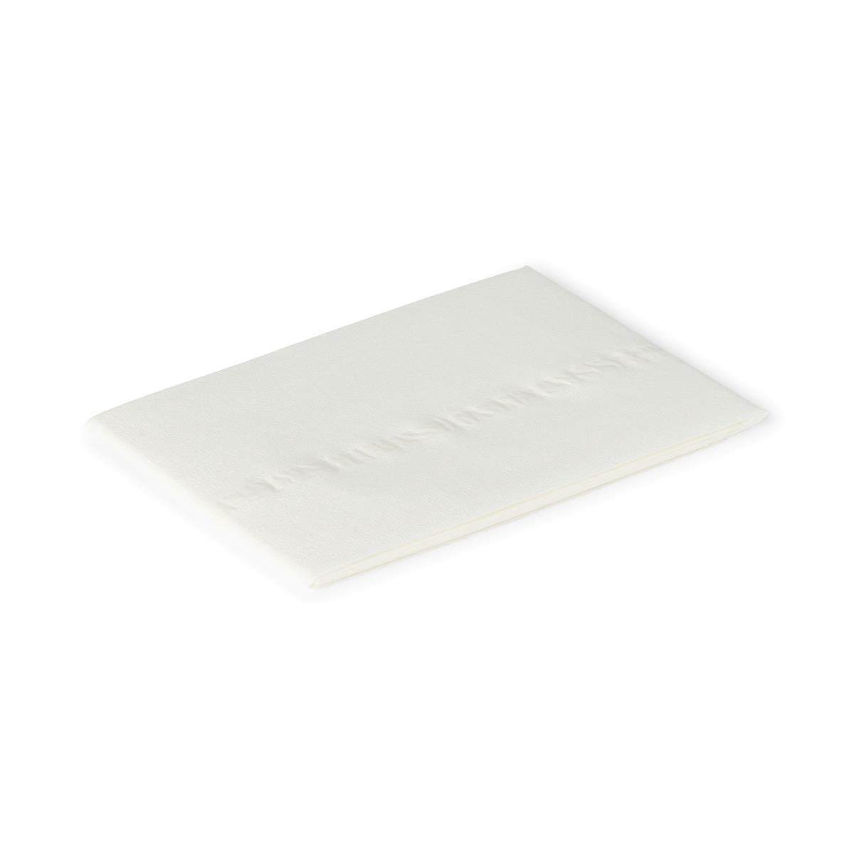 Poly-lined drape shown individually, white rectangular sheet with slightly textured surface, viewed at an angle on white
