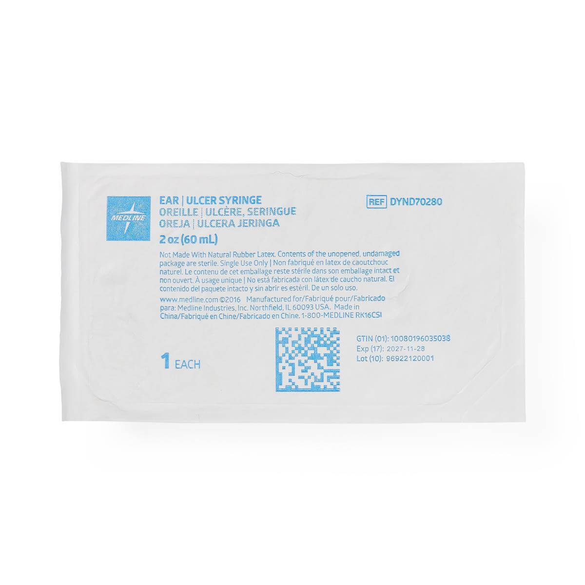 Ear and ulcer syringe in sealed sterile packaging labeled 2 oz (60 mL), single use, by Medline
