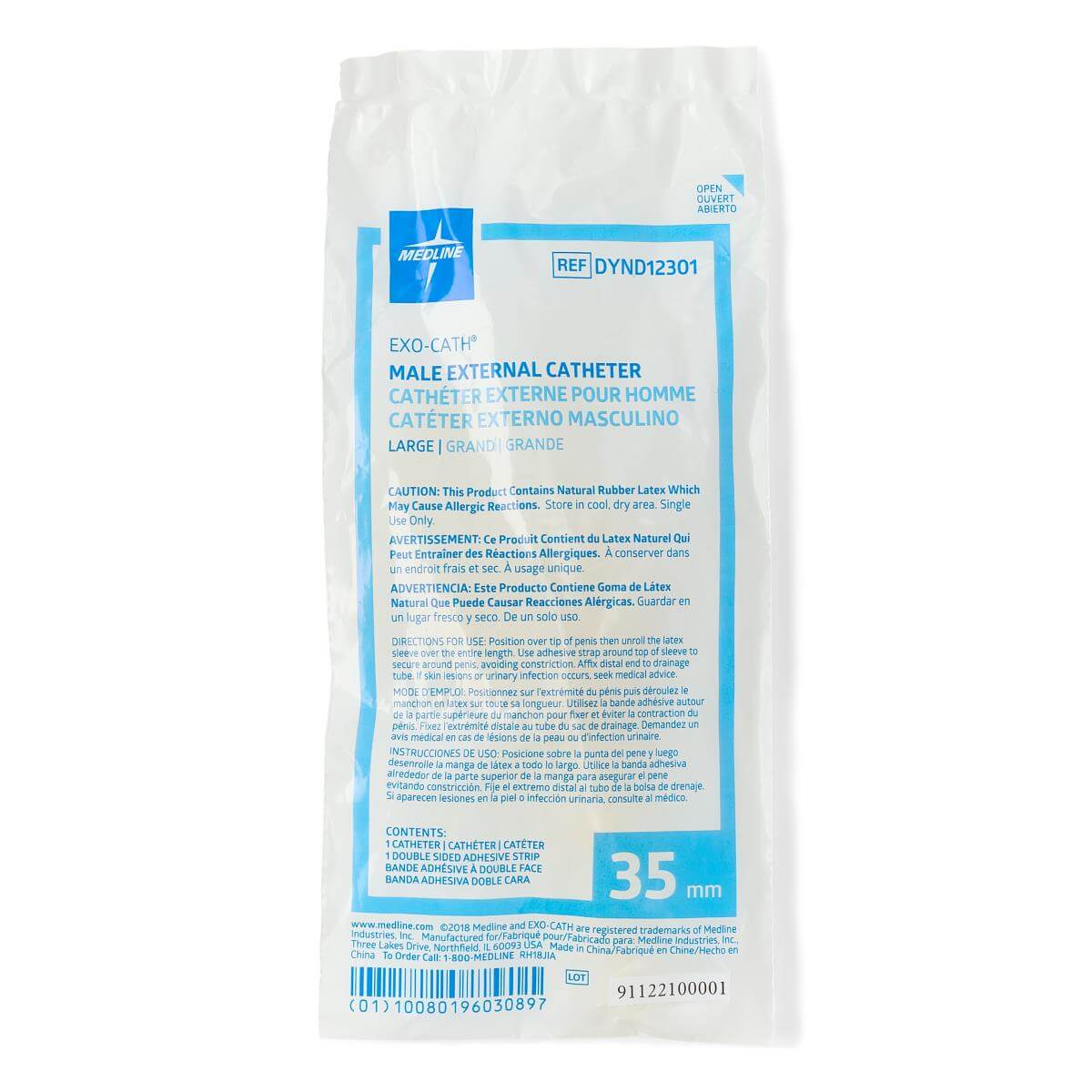Male external catheter in sealed plastic packaging, labeled large size with multilingual text and barcode