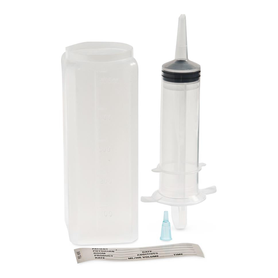 Enteral feeding syringe kit with large graduated container, piston syringe with tip, needle adapter, and patient label