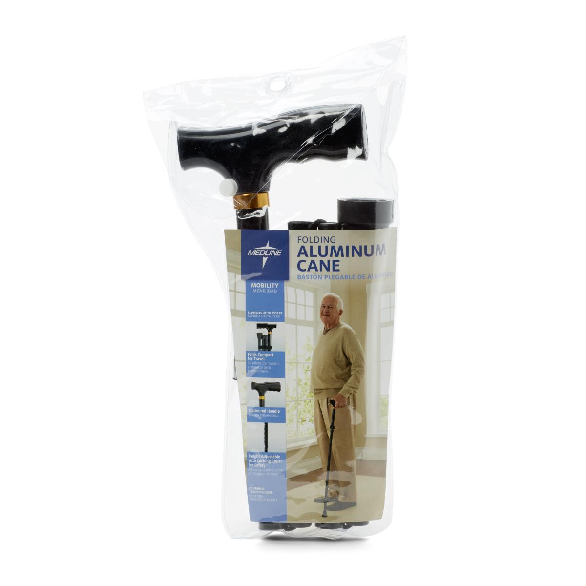 Folding aluminum cane with black contoured handle in clear retail packaging with product label