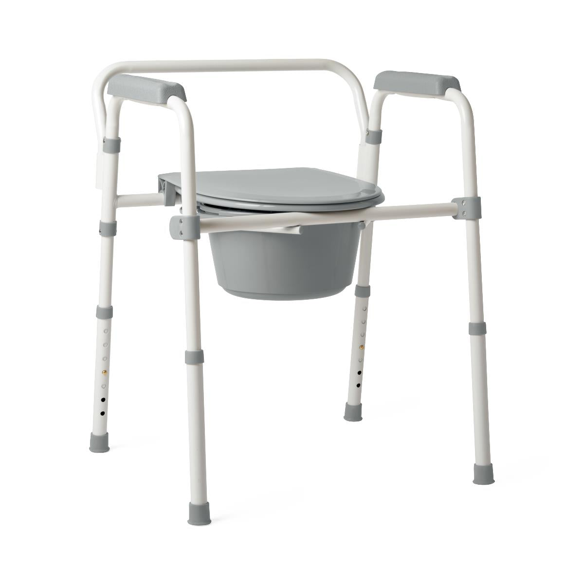 3-in-1 steel commode with white tubular frame, gray padded armrests, removable bucket, and adjustable legs with rubber tips