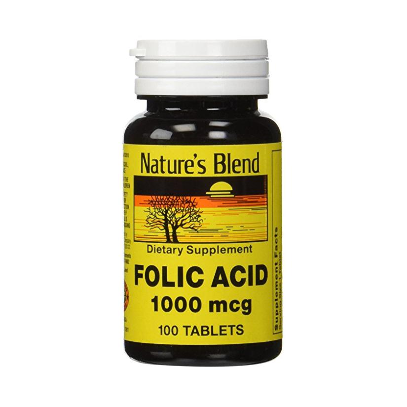 Folic acid dietary supplement bottle with yellow label, 1000 mcg, 100 tablets, white child-resistant cap