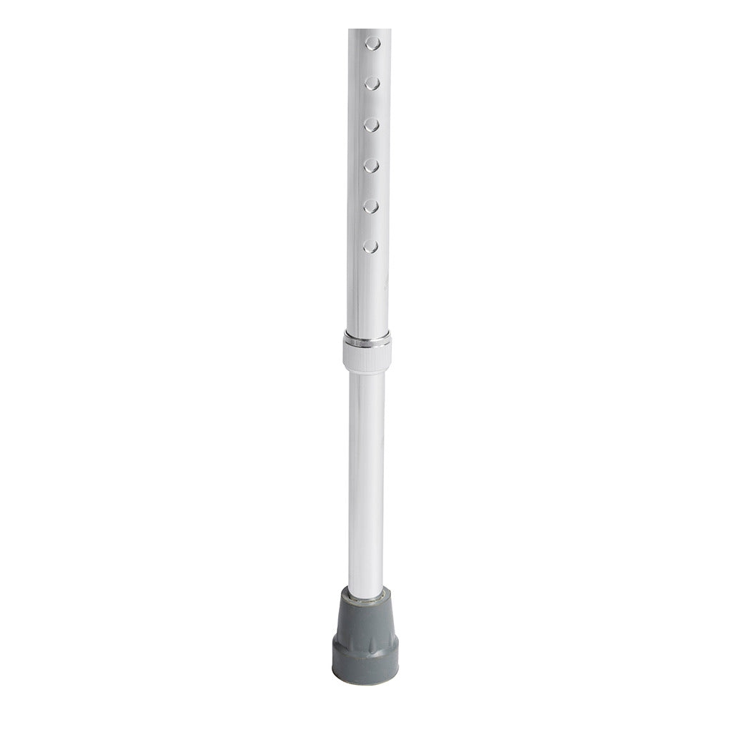 Forearm crutch lower shaft showing height adjustment holes, locking collar, and gray rubber tip on white background