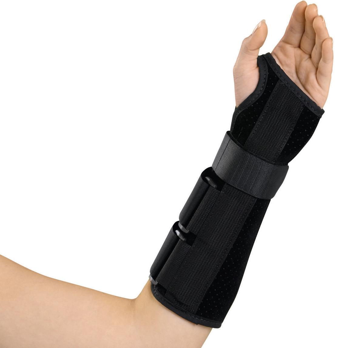 Wrist and forearm splint in black worn on a left hand and forearm, featuring three adjustable straps and perforated fabric