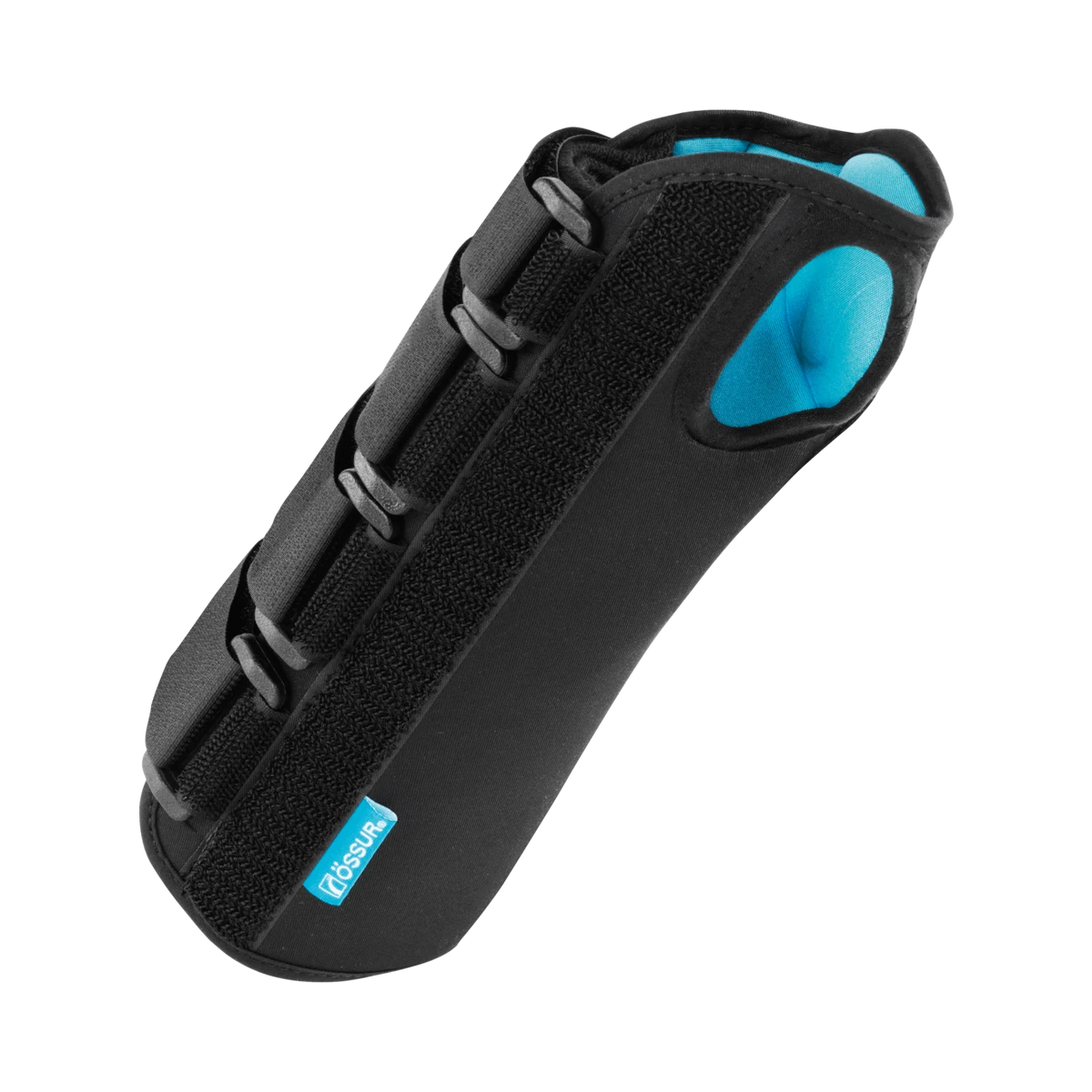 Wrist and forearm brace in black neoprene with blue gel padding, lace-up closure, and rigid palmar stay