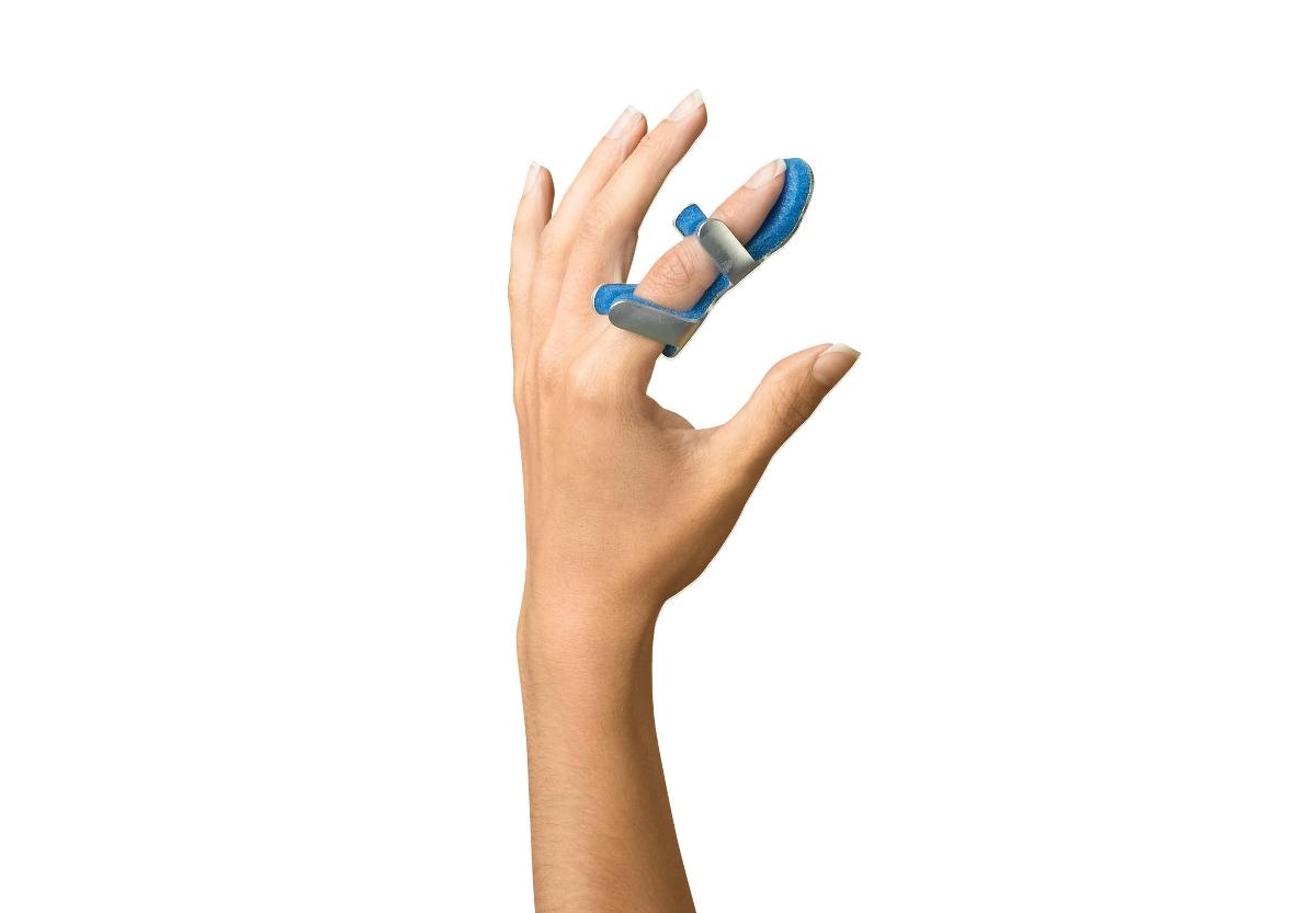 Finger splint with blue foam padding and gray metal stay worn on the middle finger of a raised hand