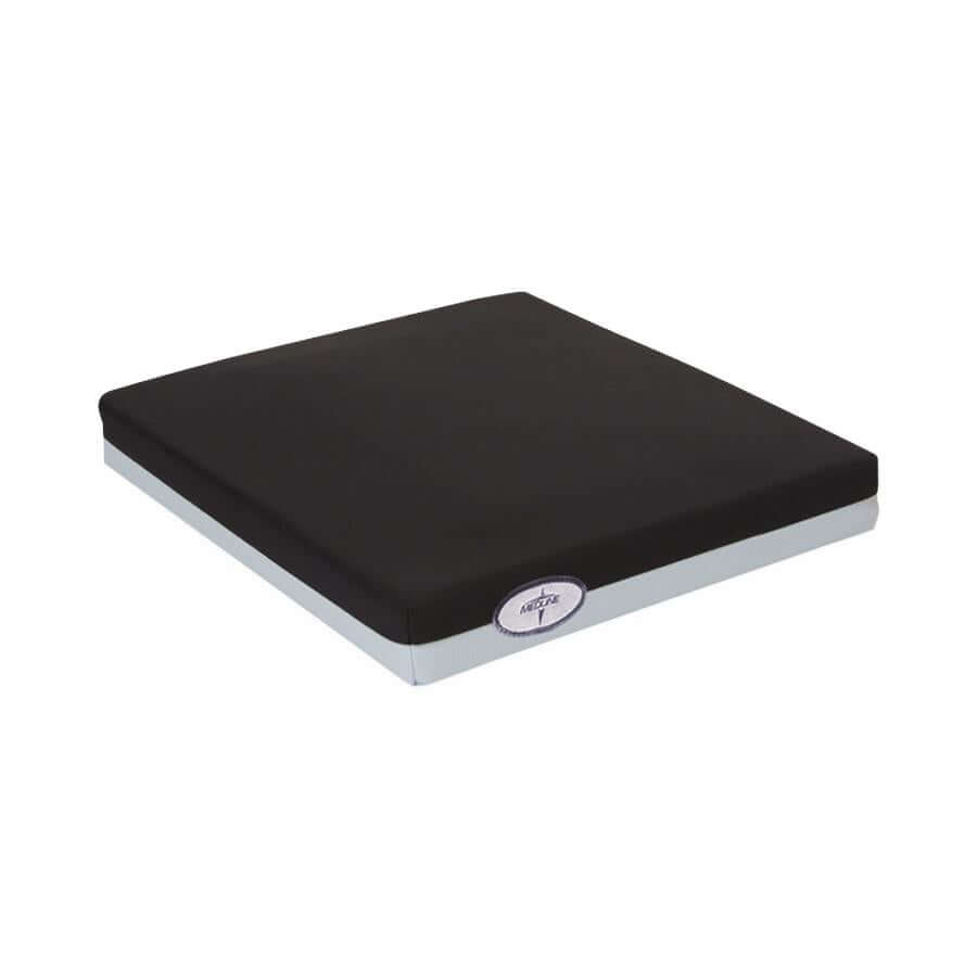 Gel wheelchair cushion with black cover and light gray base, shown at an angle on white background