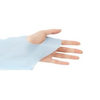 CPE gown thumb loop shown on a hand with light blue sleeve cuff and elastic loop around the thumb