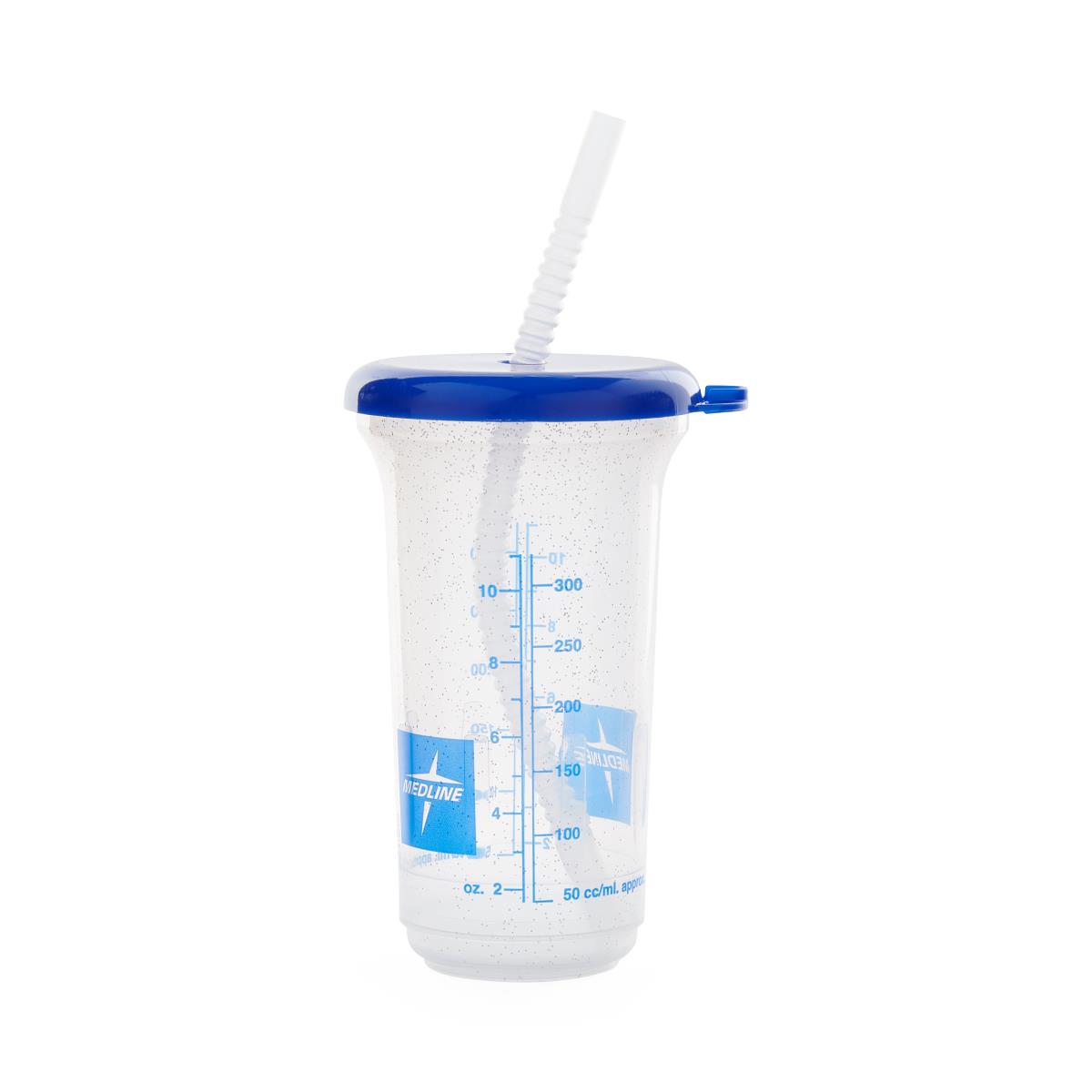 Graduated plastic drinking cup with blue lid, flexible straw, and oz/cc measurement markings on the side