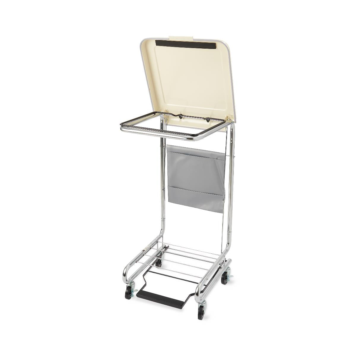 Hamper stand with open lid, gray fabric bag, chrome frame, foot pedal lid lifter, and four caster wheels on white background
