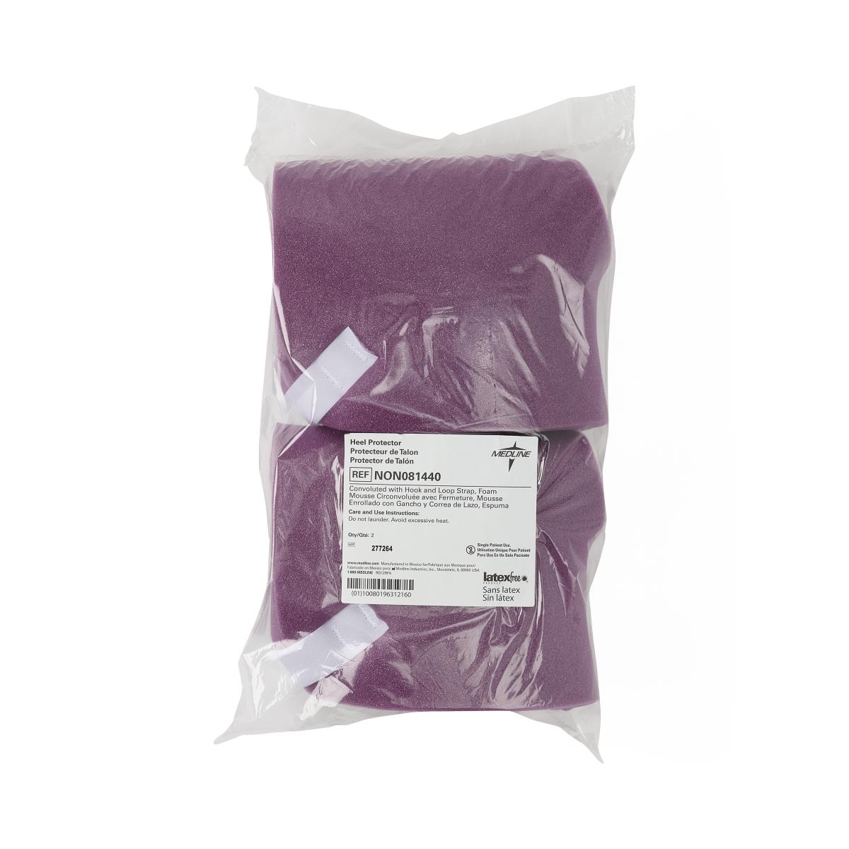 Pair of convoluted foam heel protectors in purple with hook-and-loop straps, sealed in clear plastic packaging