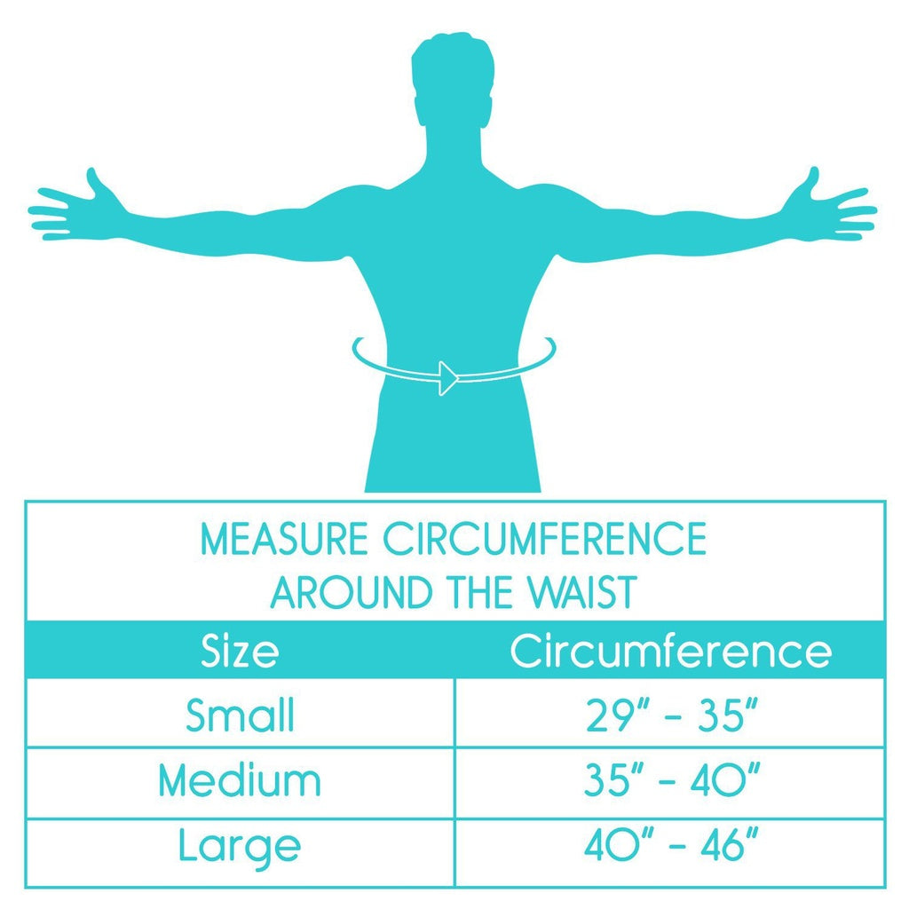 Hernia belt sizing chart showing waist circumference measurements: Small 29–35 in, Medium 35–40 in, Large 40–46 in