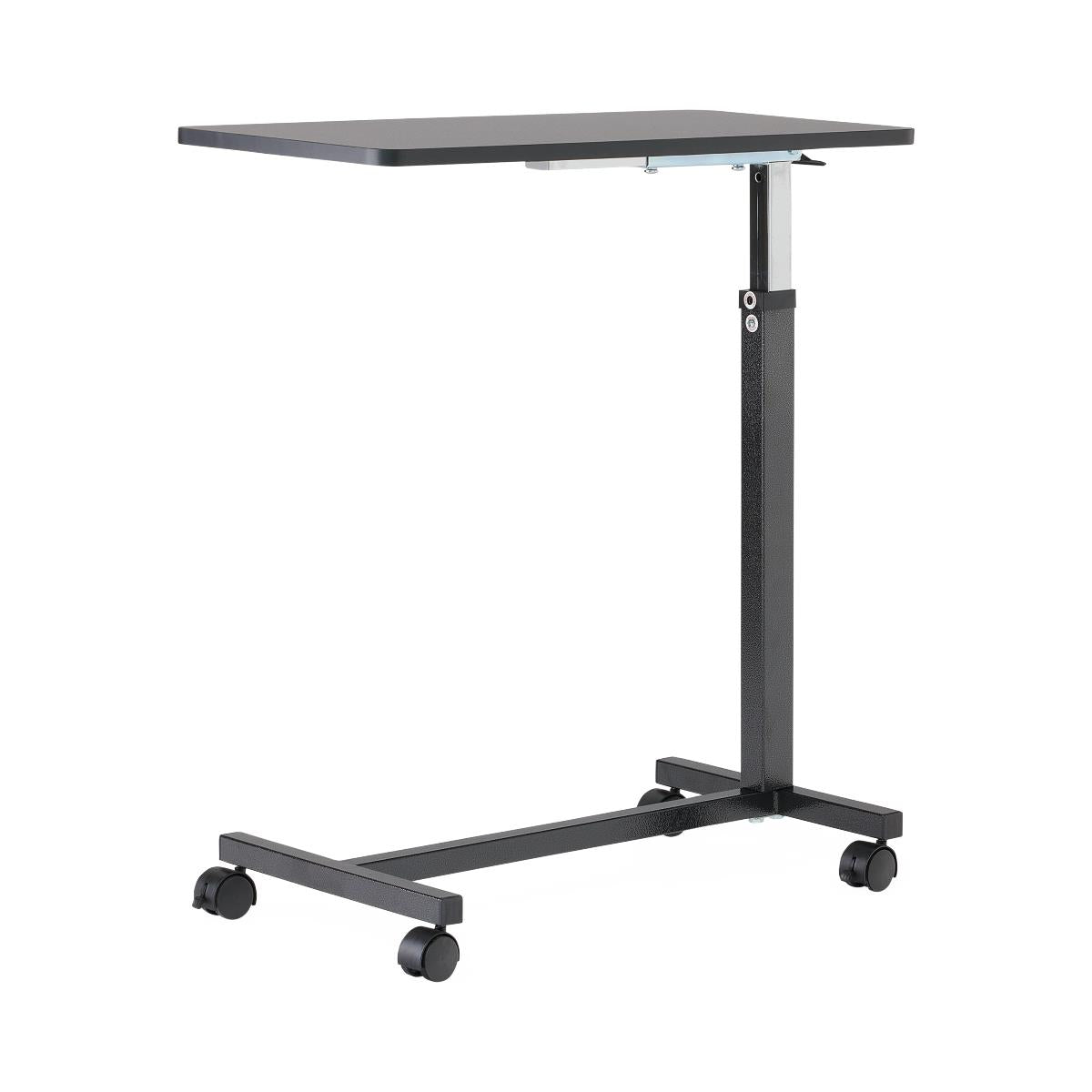Overbed table with black rectangular tray top, adjustable height post, and four rolling casters on a T-base frame