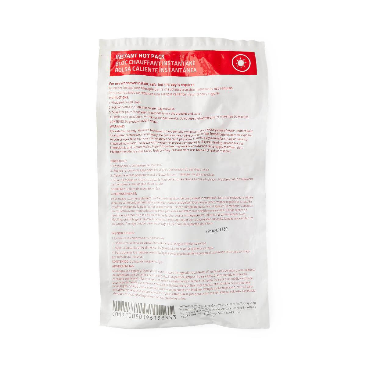 Instant hot pack with red and white label showing multilingual instructions and barcode on back of packaging