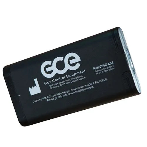 Portable oxygen concentrator battery pack with black casing and GCE Gas Control Equipment branding on white background