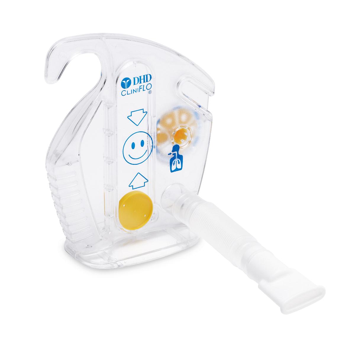 Incentive spirometer with clear plastic chamber, yellow piston, flow indicator, smiley face guide markers, and white