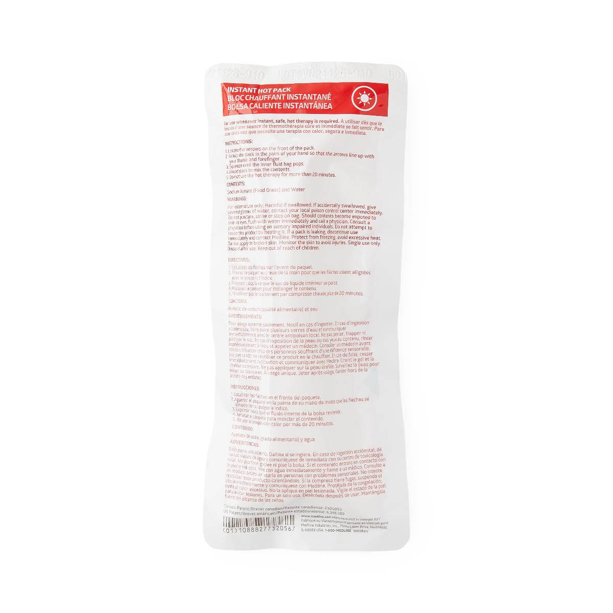 Instant hot pack back view showing multilingual instructions and red label on white flexible pouch