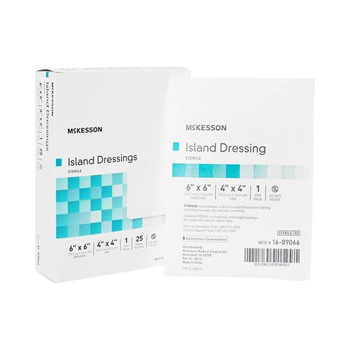 McKesson Island Dressings box of 25 beside a single sterile island dressing packet, both with teal geometric branding