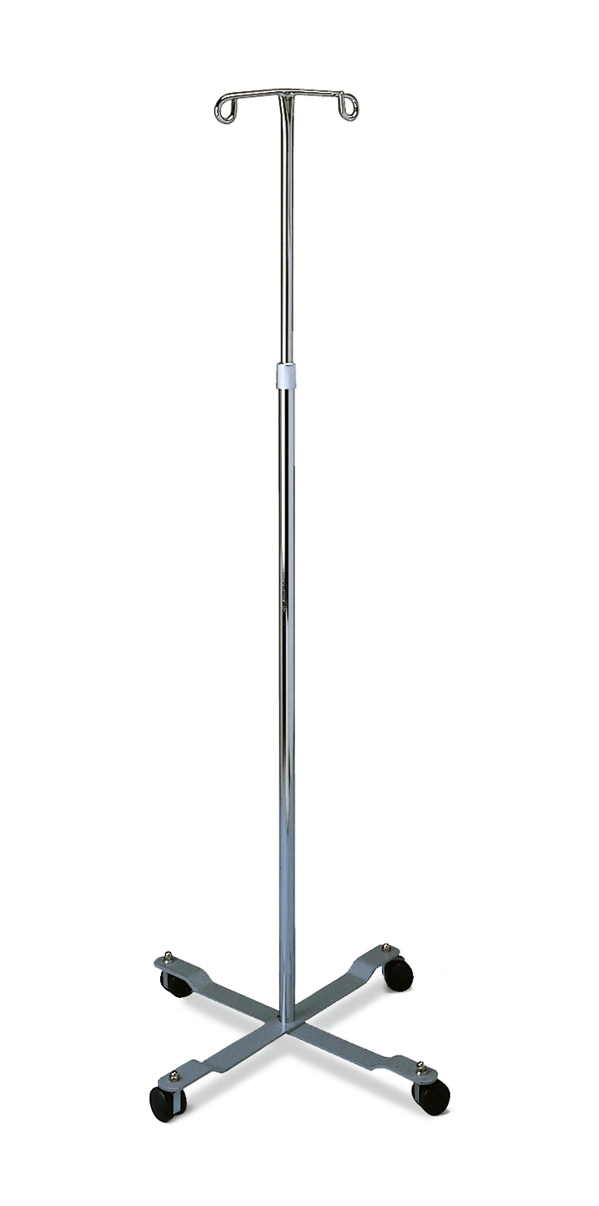 IV pole with 2 chrome hooks, adjustable telescoping shaft, 4-leg cross base, and rolling casters on white background