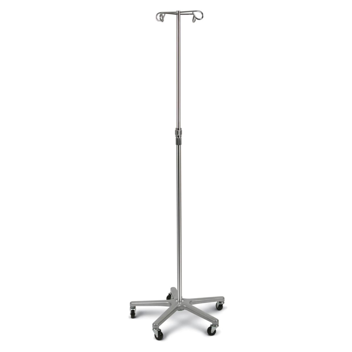 IV pole with four hooks, adjustable height, five-leg base, and rolling casters, in silver metal finish