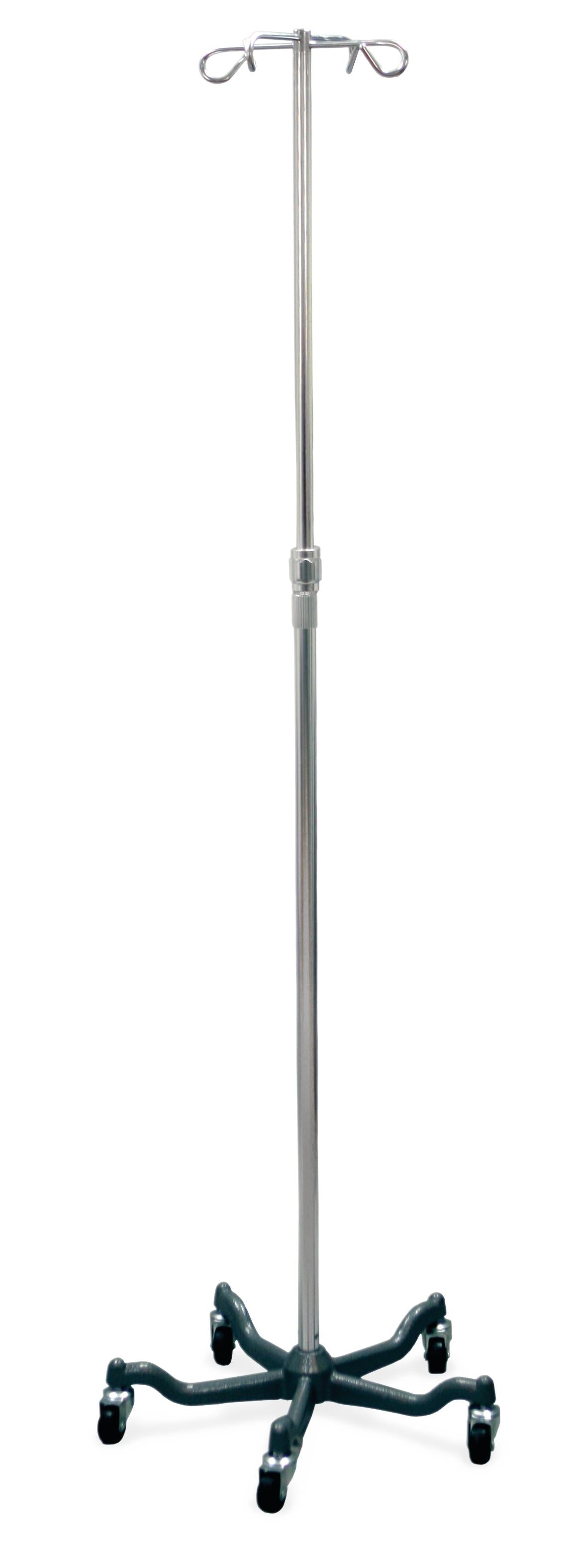 IV pole with 4 chrome hooks, adjustable steel post, five-leg base, and rolling casters on white background