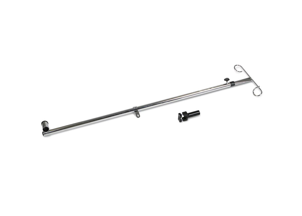 Wheelchair IV pole attachment with chrome rod, mounting bracket, hook end, and hardware connector on white background