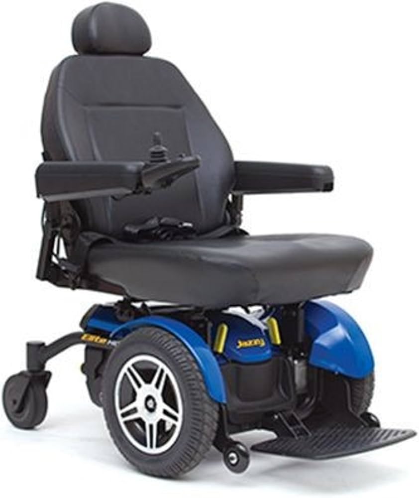 Power wheelchair with black upholstered seat, headrest, joystick controller, blue motor housing, and spoke wheels