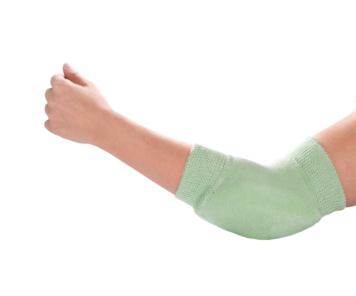 Knit elbow protector sleeve in light green worn on a bent arm against a white background