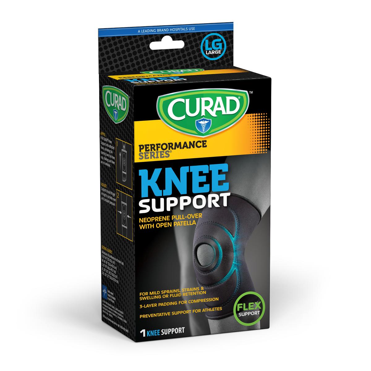 Knee support in black packaging showing neoprene pull-over brace with open patella, size large, by Curad Performance Series