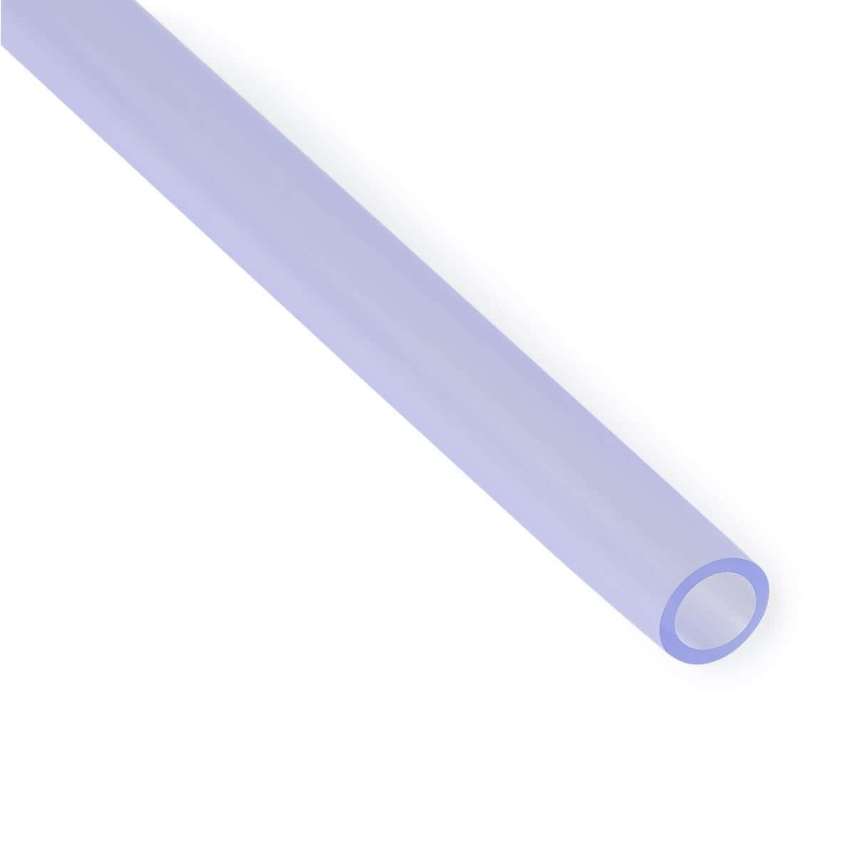 Leg bag extension tube, clear flexible hollow tubing shown diagonally with open end visible against white background