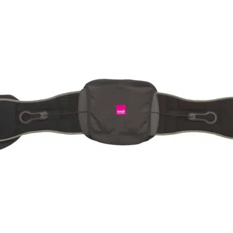 Lumbar spine brace in black with a padded posterior panel, side pull straps, and a small pink brand logo