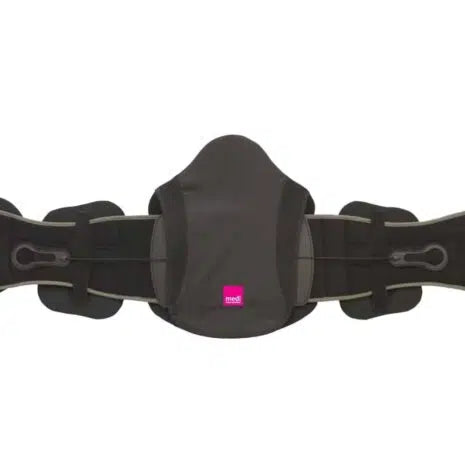 Lumbar spine brace with molded back panel, side wings, and hook closures in dark gray with pink brand logo