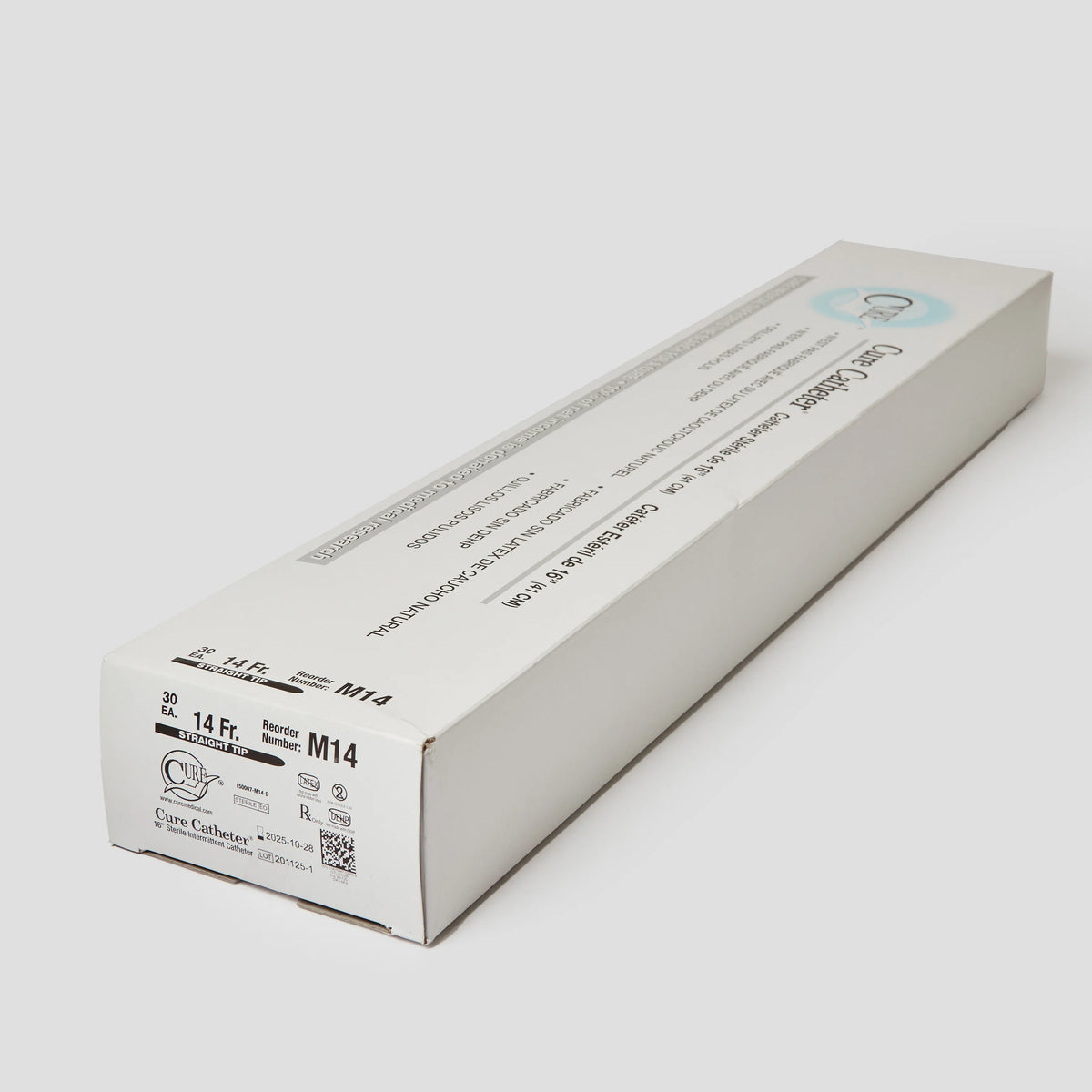 Cure Catheter box of 30 male length intermittent straight tip catheters, 14 Fr, white rectangular packaging on gray