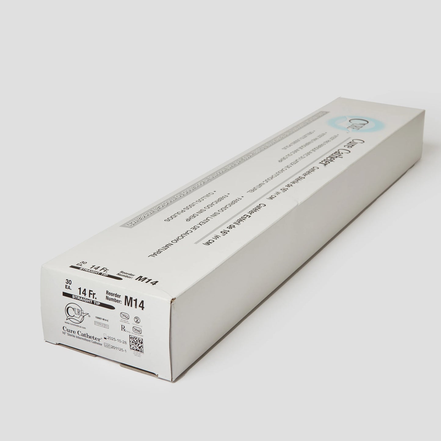 Cure Catheter box of 30 male length intermittent straight tip catheters, 14 Fr, white rectangular packaging on gray