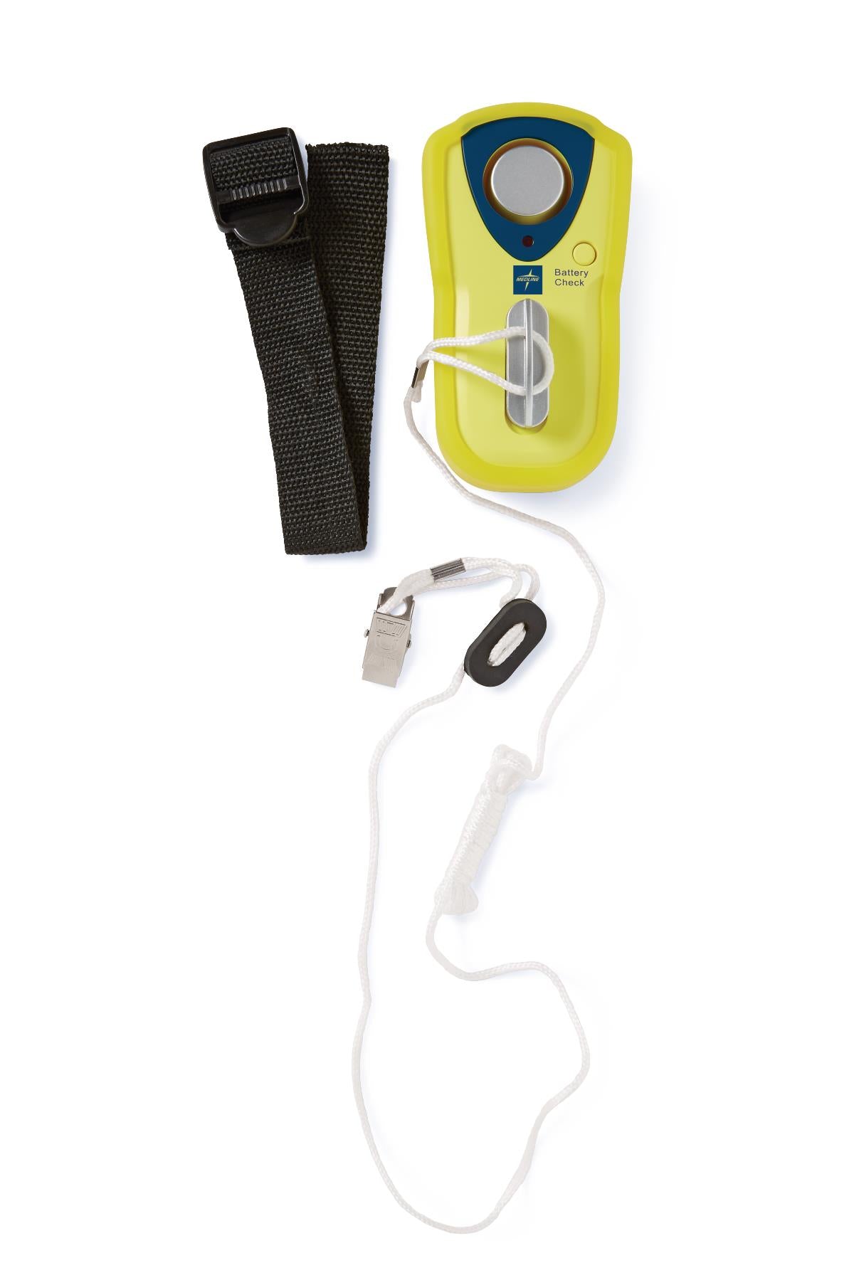 Magnetic tether alarm in yellow and blue with pull cord, clip attachment, and black nylon strap on white background