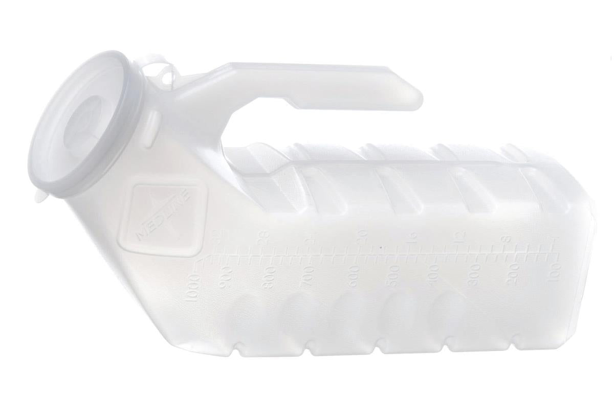 Male urinal with lid, translucent white plastic with molded handle and measurement markings on side