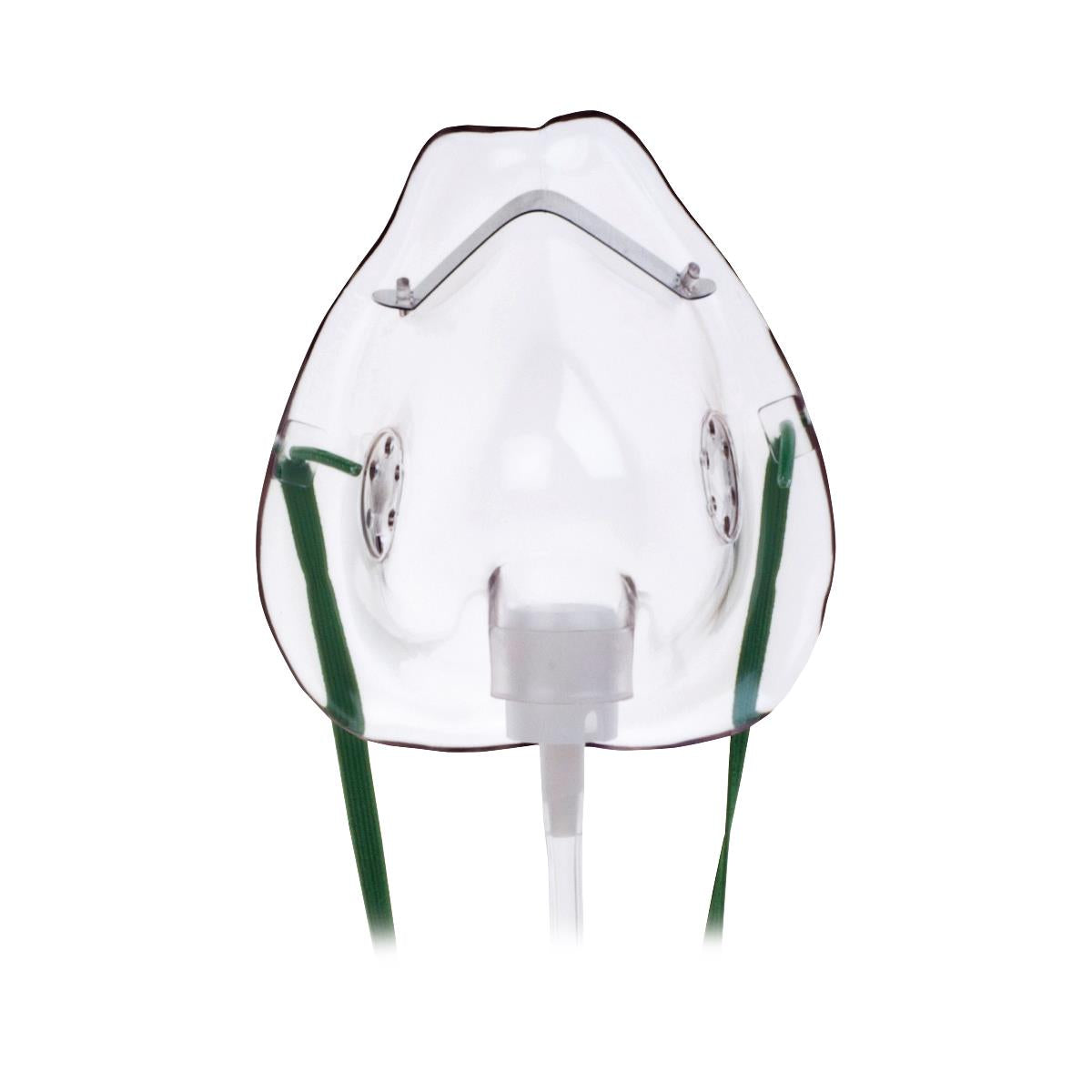 Oxygen mask with clear body, adjustable metal nose clip, green elastic straps, and white oxygen tubing connector port