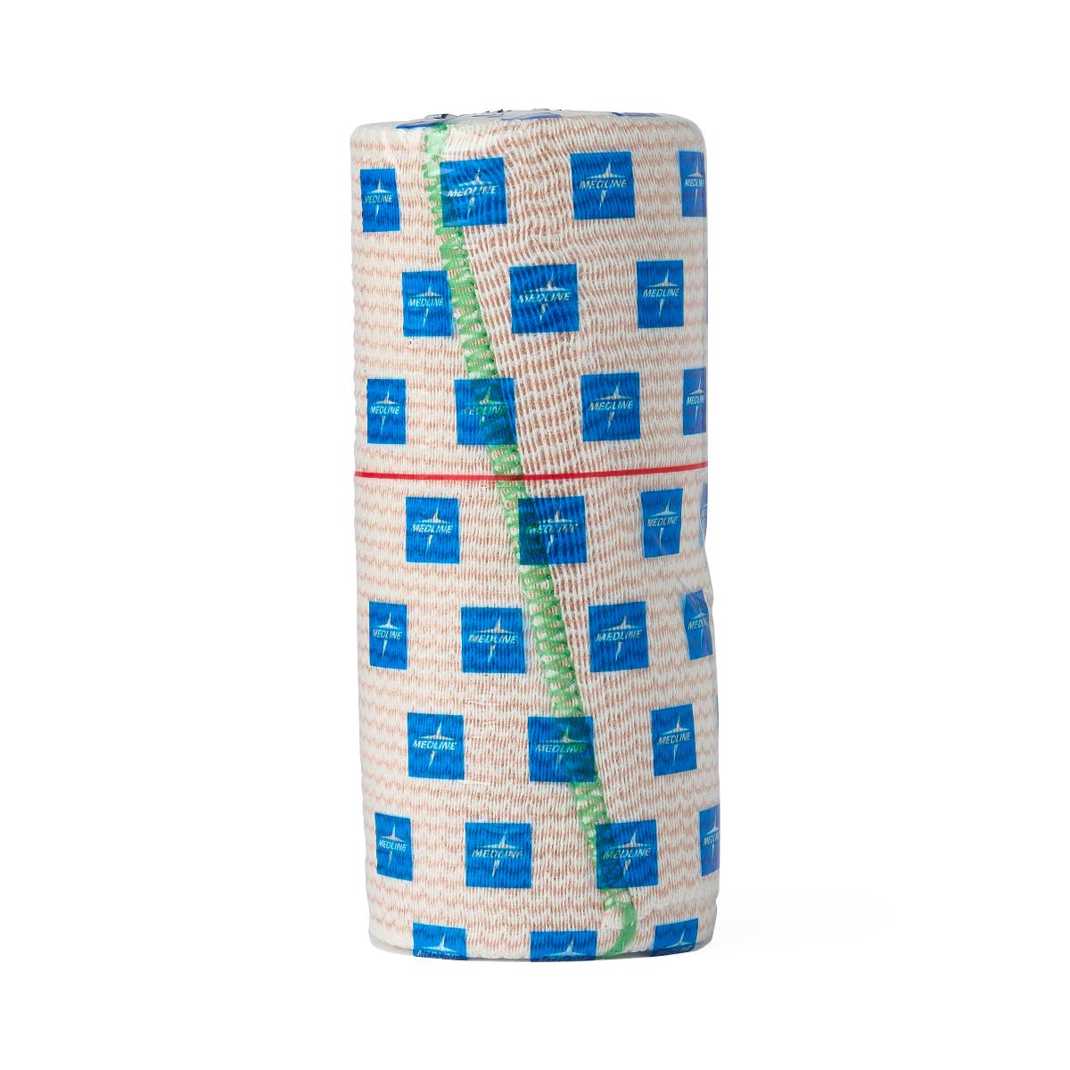 Elastic bandage roll with blue logo print, green stretch indicator stripe, and red elastic band, rolled upright on white