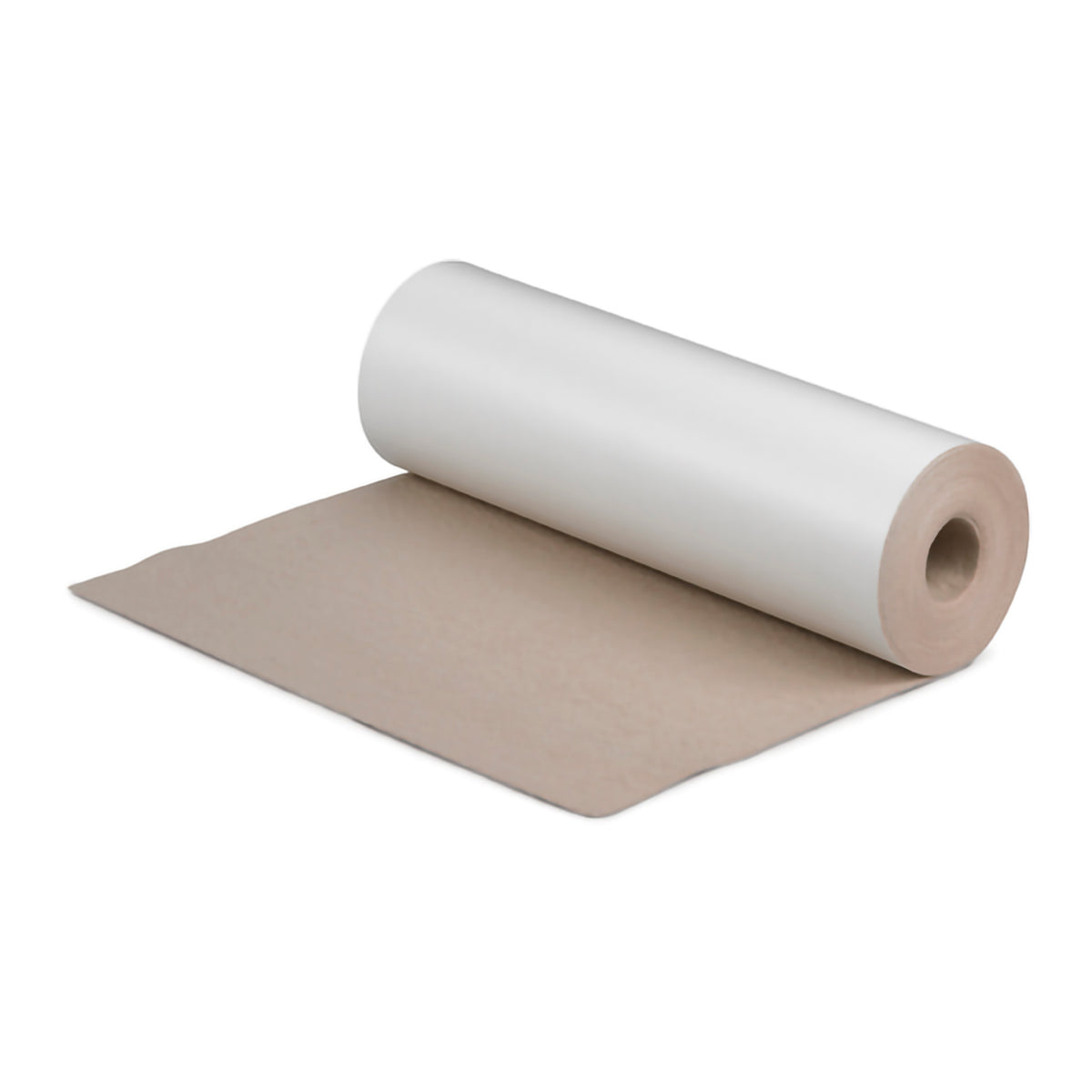 Moleskin roll with white outer layer and tan inner surface, partially unrolled on white background