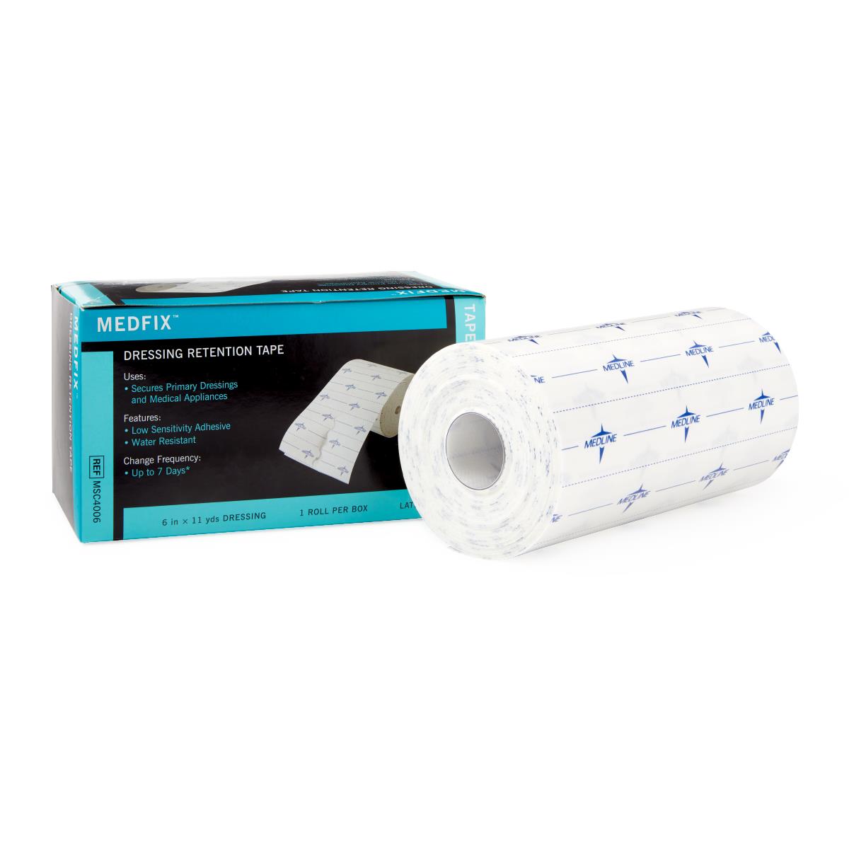 Dressing retention tape roll with teal and black product box on white background